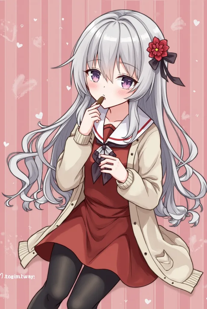 1 girl, solo, flat collar, hair accessory, long hair, hair flower, flower, food, pantyhose, purple eyes, sitting, blushing, holding, looking at viewer, long sleeves, black pantyhose, dress, holding food, hair between eyes, legs out of frame, open clothing,...