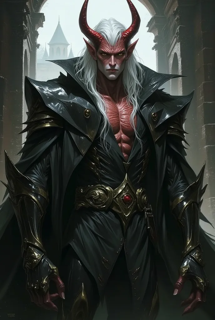 a red demon, with a pointed nose, four dark red horns, two small and two large curved backwards, long white hair, bright yellow eyes, black lips, pointed ears, red skin, wearing a symbiotic black metal armor that covers the entire body including clawed han...