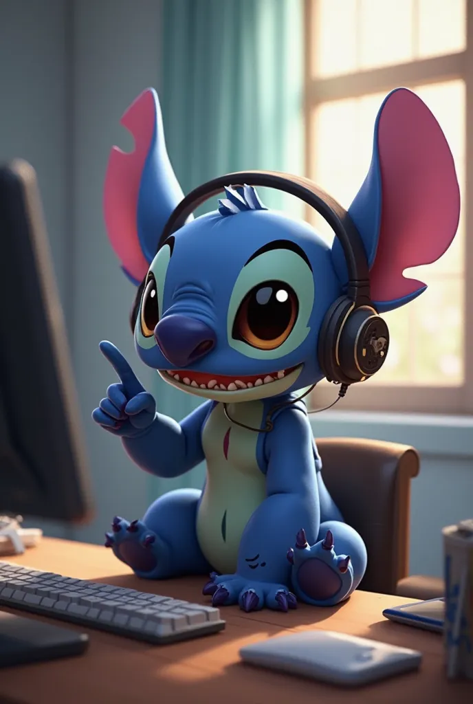 Generate an image of Stitch for me , where she is looking to the right and pointing with her finger, but that she wears a headset over her head, and that she is sitting at a desk where there is a computer