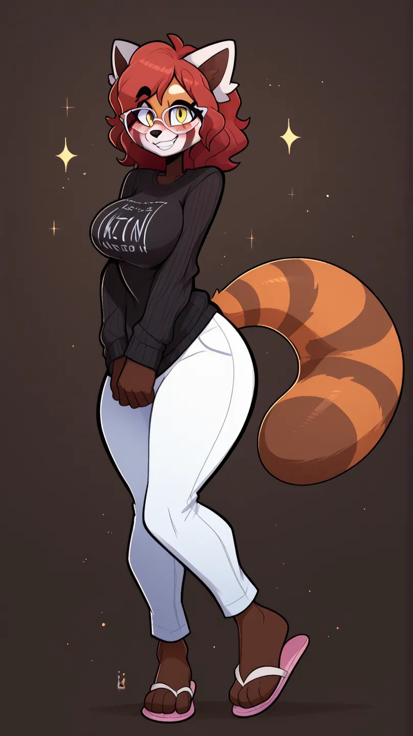 masterpiece, best quality, seductive expression, 1girl, anthro, furry, fur, fluffy fur, red panda girl, furry, red panda ears, animal nose, cute eyes, yellow eyes, red panda tail, red hair, medium hair, wavy hair, solo, (simple background), detailed, black...