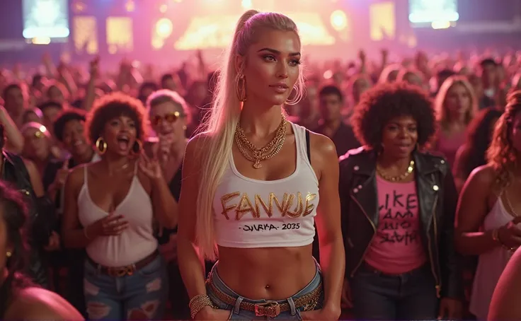 full body picture, concert venue, excited, women wear a white tanktop written "FANVUE: suriya-2025" graffiti gold style, Kim Kardashian with straight bleach blonde hair in a ponytail, with gold chains und big hoop earrings on, double d , sunny day, nachts,...