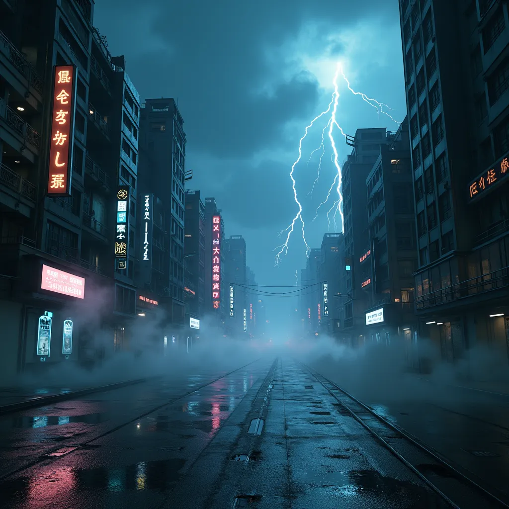 "A dark, futuristic city at night with neon lights reflecting on wet streets, lightning flashing in the stormy sky, and an eerie mist covering the ground, creating a cinematic and intense atmosphere."