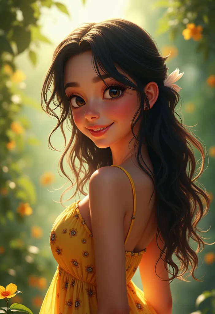 Adorable, Woman,big-eyed woman, round face. promenent lips. Smileing,In the garden,Her hands are behind her...., , large ass, wearing a cute sun dress. Picture from the side,looking at the scenes, intense colors, Very valuable details, complex details, vol...