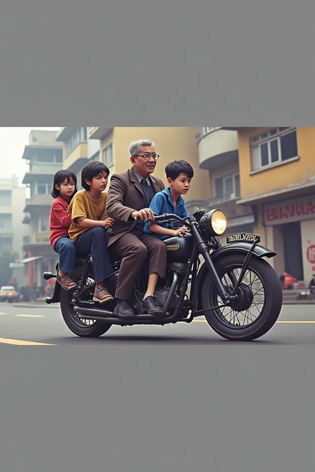 a black vintage motorcycle，There are 4 people on the motorbike，a little kindergarten girl sitting on a gas tank，A middle-aged man drives a motorcycle while sitting behind a ，a boy in a blue high school uniform sitting behind a middle-aged man，a middle-aged...