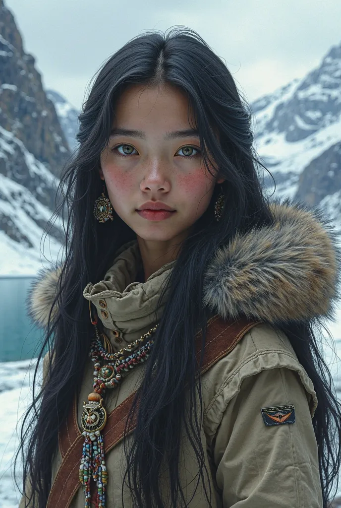 A  girl with long black hair, green eyes, and tan skin. She should be based of the Inuit tribe of Alaska. 