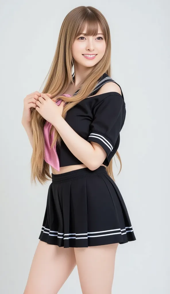  Silky Smooth Hair 、Two-tone color with blond and long black hair、 Super Long Hair 、hairstyle is straight、long hair that reaches the chest、black sailor suit、miniskirt、Hairstyles are put together in one at the back