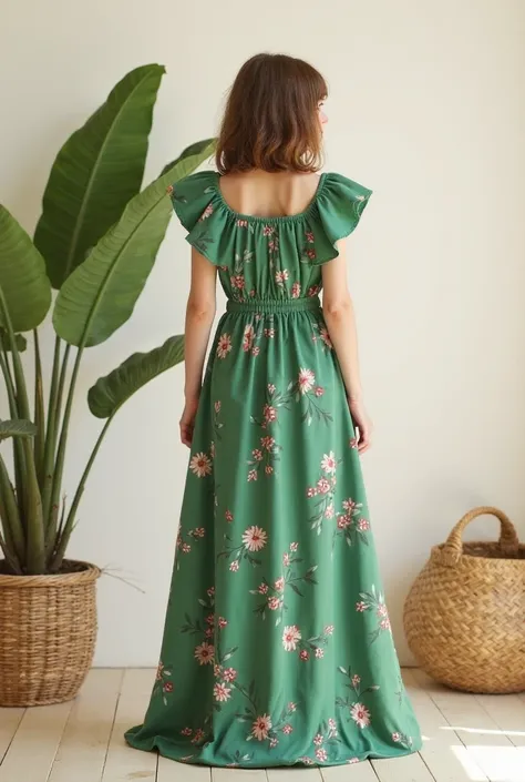 creates an image of a  wearing a long green dress with a floral print. The dress has ruffles on the shoulders and a wide skirt that reaches the floor. The girl is standing on a light floor, with a large plant of green leaves on her left and a wicker basket...