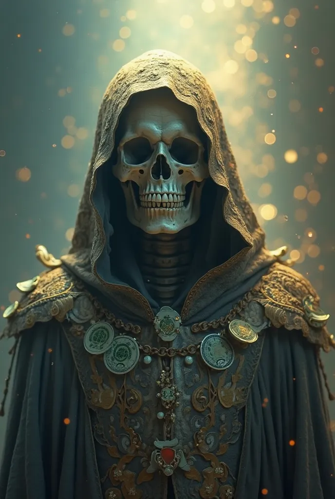 Skull with tunic and hood of dollars and lots of dollars. The scene is illuminated by a soft and heavenly light, creating a dramatic and spiritual effect. The background can be abstract, with soft shades of blue and gold, transmitting peace and shade.