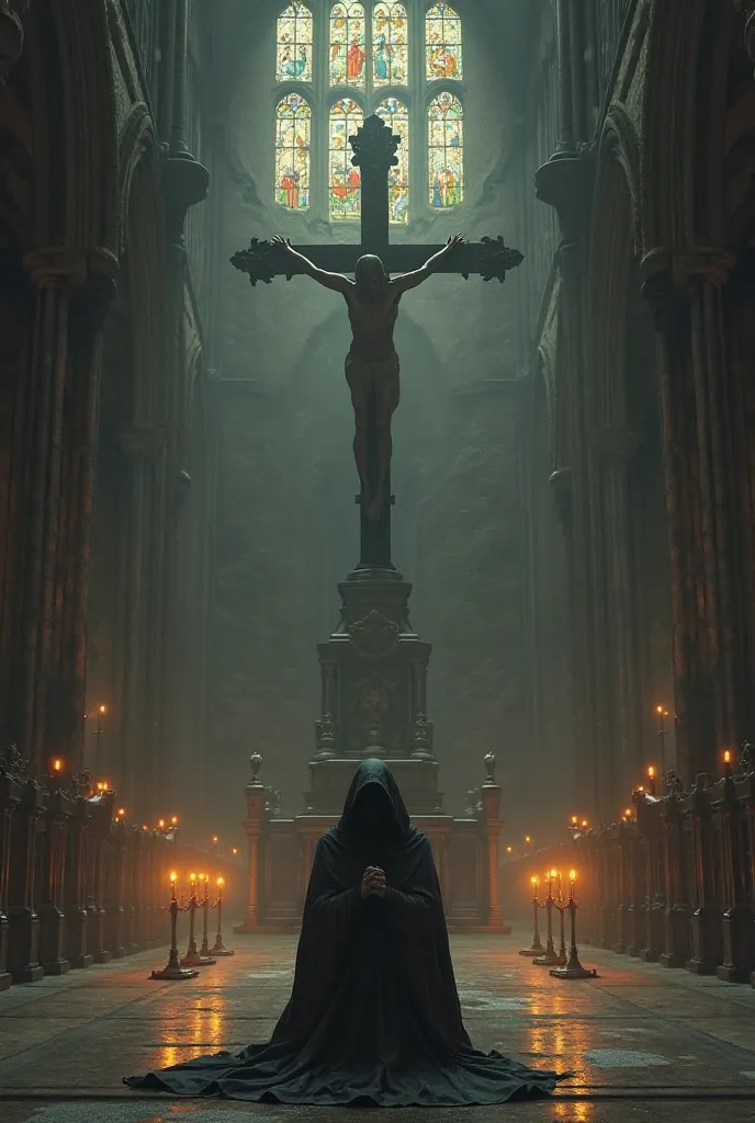 V of Vengeance character praying in front of a cross in a church