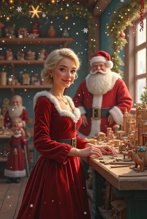 young beautiful mrs. claus helping santa claus organize the toy workshop