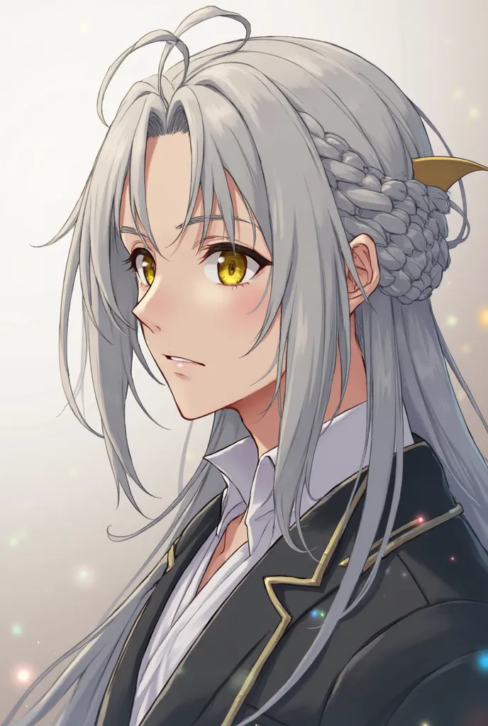  Adult man, anime, video game, loose long gray hair, long hair, braided hair, Yellow eyes,  golden eyes, slightly tanned pale skin, butterfly bangs, open bangs, a lock sticking out of his head, tonificado,  profile angle ,  Angle of side 