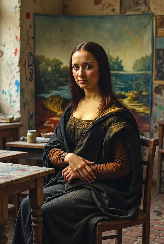 the Mona Lisa is a plastic arts student, in an art room with scratches and graffiti, passing classes in an old classroom with brick tables and chairs, all careless, broken walls, debris, Post-war scenario, realista 4k