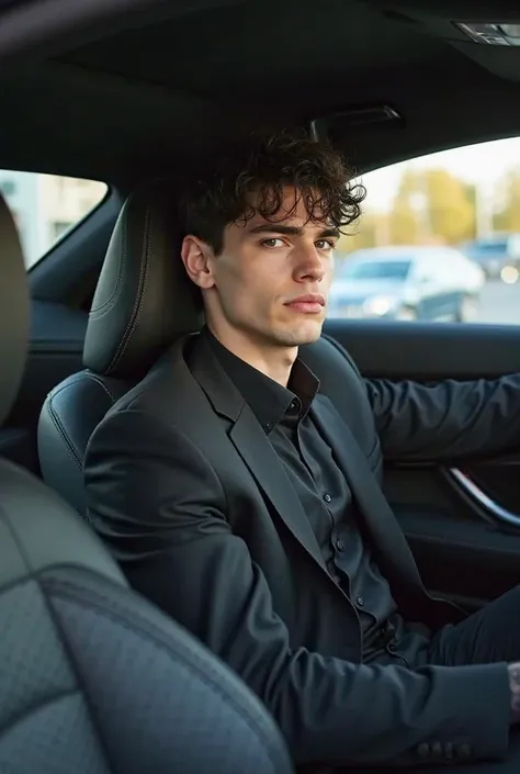 A 19-year-old man with black hair, weighing 88 kilograms and 180 centimeters tall, wearing a shirt and a black suit, is sitting in a 2020 Mercedes S-Class. The picture was taken from the passenger seat.