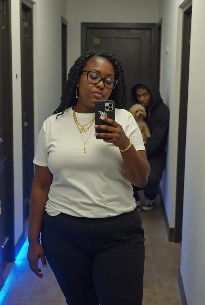 *"Une femme africaine à la peau caramel et à la forte corpulence prend un selfie miroir dans un couloir moderne. Elle porte un t-shirt blanc oversize rentré dans un pantalon noir, dark glasses and a gold necklace. The hallway is clean, et elle tient un sma...