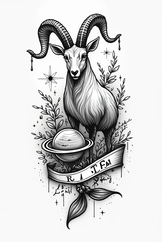 Black and white tattoo of The Capricorn goat with a banner with a letter R and the symbol of the planet Saturn