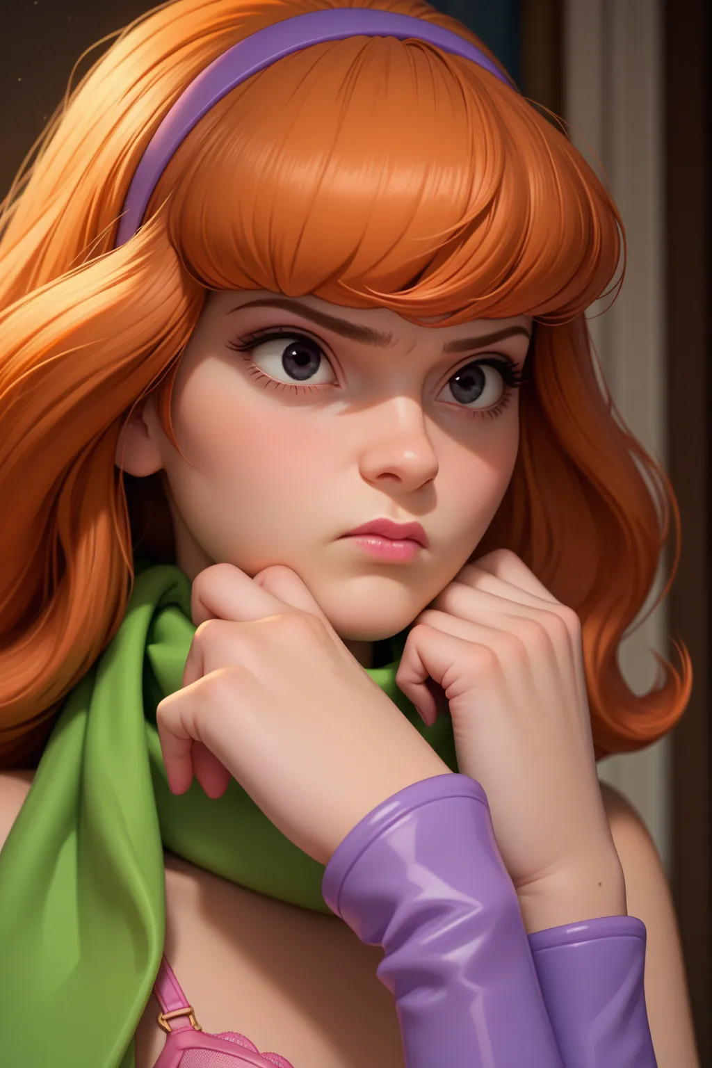 Daphne Blake, orange hair,  black eyes, lavender diadem, , Purple boots,  green scarf , , make-up  , annoyed,  of foot,  pink bra, Rosa&#39;s Home ,  nude, 