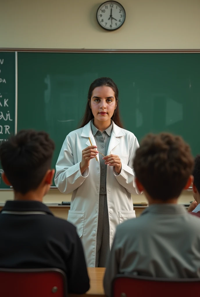 Use the one in Rosa's face to be the teacher to create a realistic image with 5th grade students listening to the teacher tell a story with a toothpick these students must be sitting on chairs, Behind the teacher there must be a green board and alphabet on...