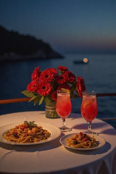 On a yacht overlooking the beach at night, there is a very tidy table with a white tablecloth, on top of it are two glasses of red fruit lemonade , with two plates of pasta with shrimp, And an arrangement of red with sunflowers in the background 