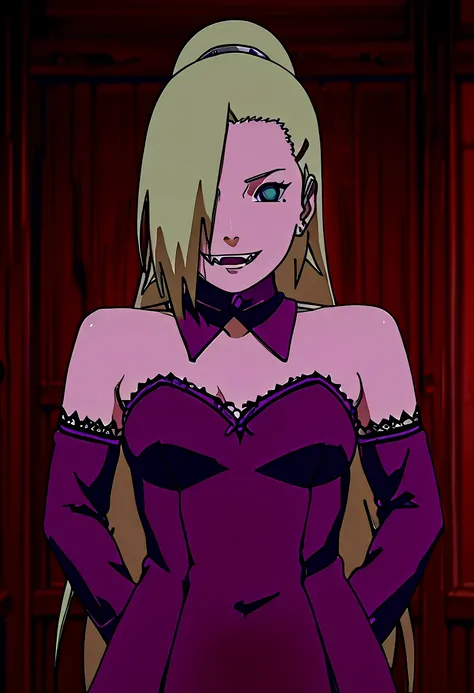 Ino Yamanaka from the anime Naruto with very small breasts and wearing a sexy vampire costume wearing a strapless dress and with a neckline showing her breasts and sharp fangs in a medieval city at night and looking like a naughty girl with a smile showing...