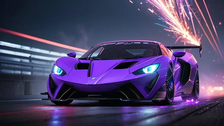 super high quality、Photorealistic、 Futuristic Background 、Feeling of speed with flowing background、Running in the dark、(stylish custom supercar:1.3)、bright colors、  angle from below 、(The lower part of the front bumper is rubbed and sparks are scattered:1....