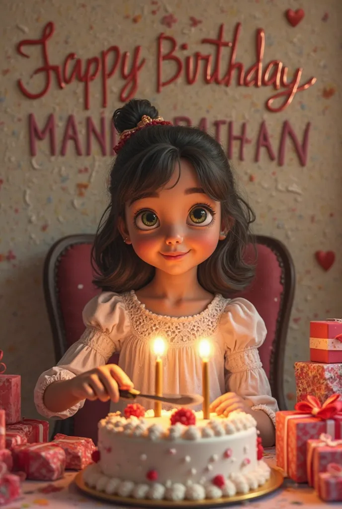 create realistic illusion image of A 18 year old green eyes girl Looking like real humanssitting on kin chair and she is cutting the birthday  cake, There are many gifts kept next to it and happy birthday HANIYA PATHAN 3d  text  is written on the back wall...