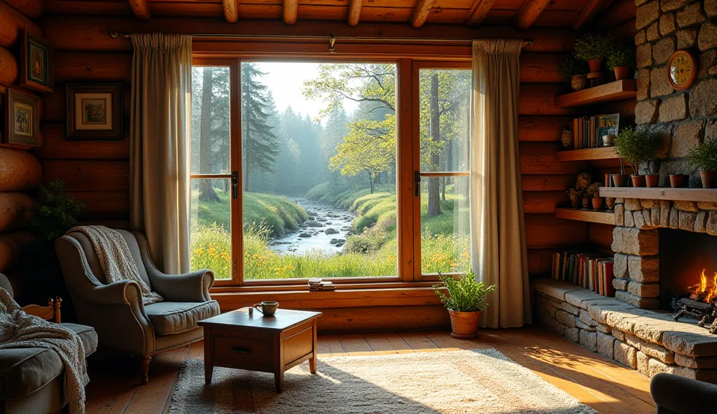 Inside a cozy, rustic cabin house, the warm wooden beams and walls create a welcoming, earthy atmosphere. The interior is filled with natural light streaming through a large window that looks out onto the lush outdoors. The window frame is made of aged woo...