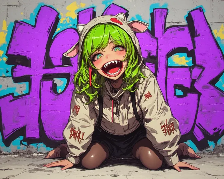 green hair girl, capybara costume, violet and light gray graffiti background, funny pose, funny expression, full body focus, postcard style.