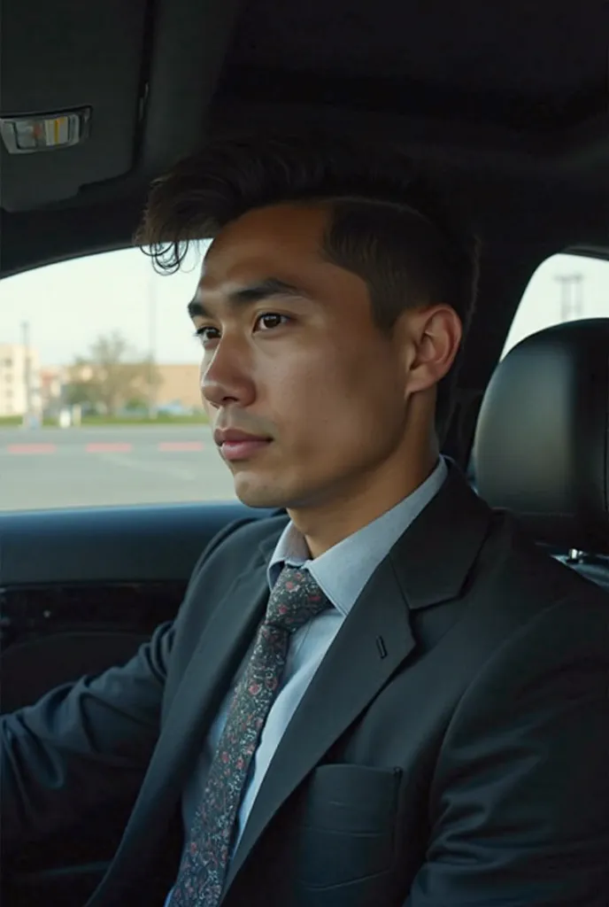 A 19-year-old man with black small hair, weighing 88 kilograms and 180 centimeters tall, wearing a shirt and a black suit, is sitting in a 2020 Mercedes S-Class. The picture was taken from the passenger seat.