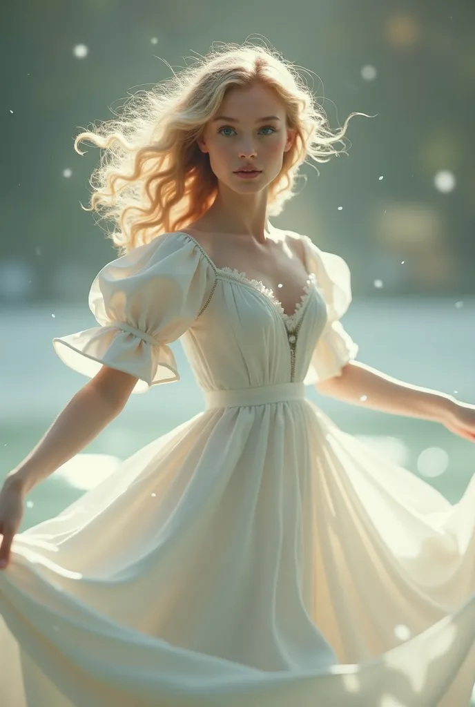 Create an image of a whirling dove, blonde, blue eyes,  curly blonde hair , 27-year-old Italian woman, wearing a white rounded-up period dress, with jewels 