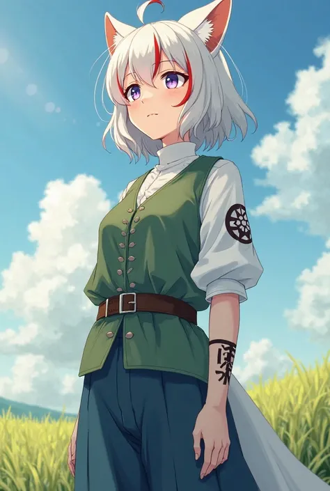 A young woman kitsune, with white hair and red streaks, and violet eyes. She wears a white shirt of medium length, made of fresh fabric, with dark blue pants. Over her shirt, she wears a greenish vest in an open field. She has a serious expression, looking...