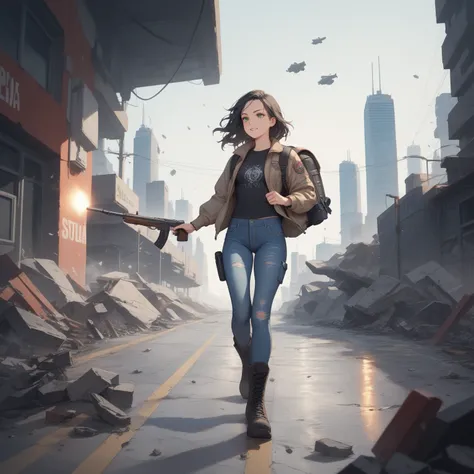  16-year-old girl , wavy black hair, green eyes, jacket, Denim pants, boots, using backpack, using a 12-gauge shotgun,  walking,  city, debris,  apocalyptic scenario , high resolution, masterpiece, Necessary, dancing, Ultra HD, High details. 