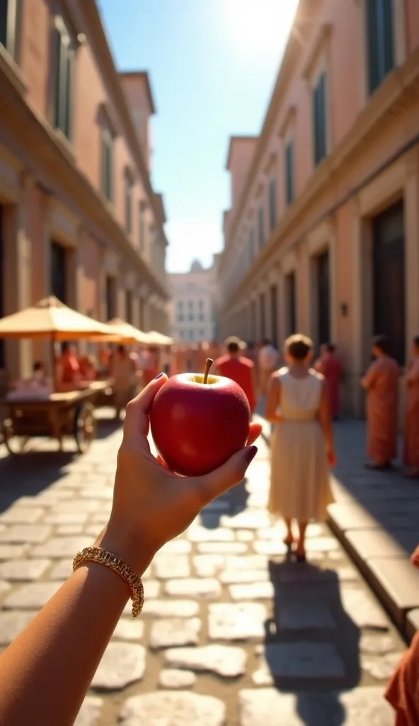 First-person perspective where the character's hands, consistently with the same appearance (lightly tanned skin, gold bracelet, no change in accessories), hold an apple as she walks through the busy streets of Rome. In the background, old buildings, stree...