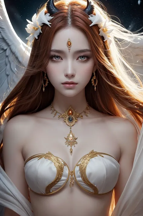 "A highly realistic and detailed depiction of a divine and enigmatic angelic being with a striking fusion of light and darkness. The figure has a tall, ethereal presence with a chiseled, statuesque body, luminous pale skin, and flowing auburn hair cascadin...