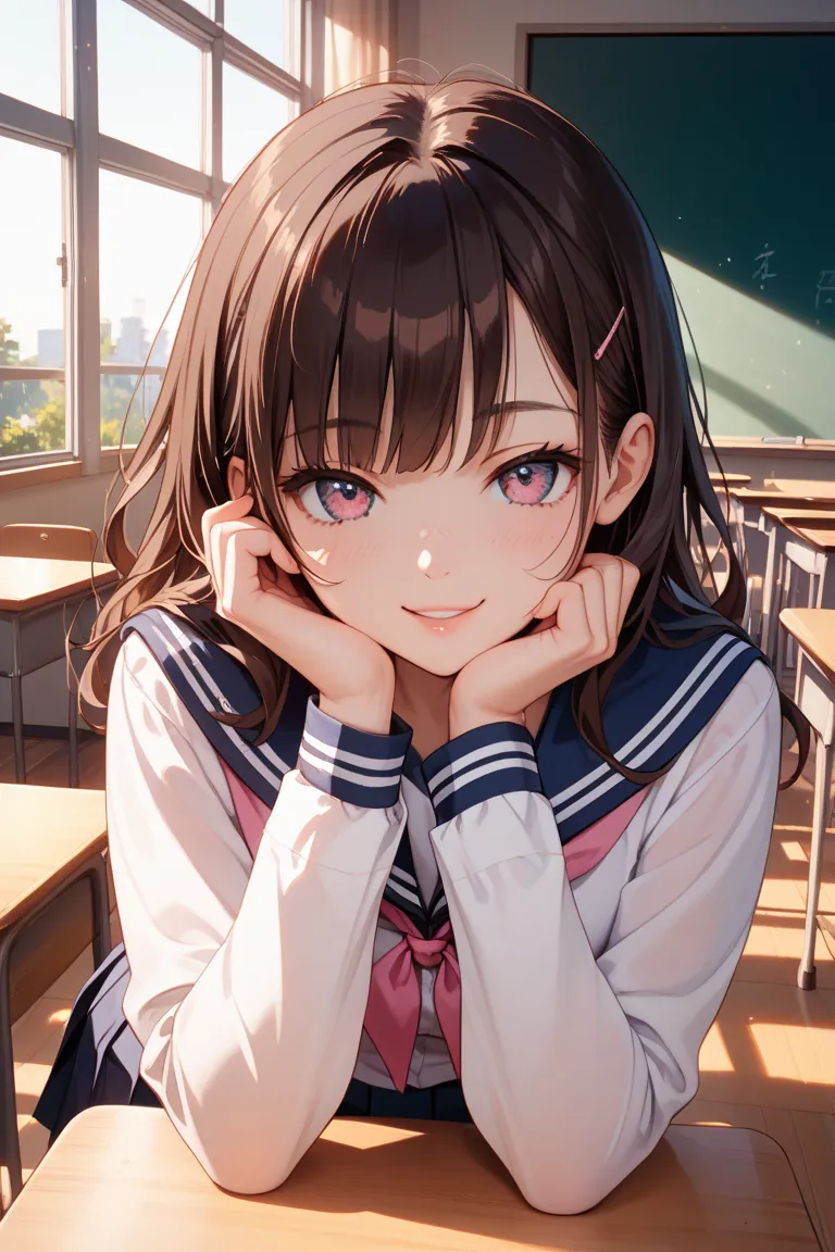 ((best quality)), (masterpiece), Japanese,beautiful face,  detail hair , 18 years old , short dark brown hair,(((( pink lace panties))),smile, school uniforms, white shirt, classroom　Cunnilingus