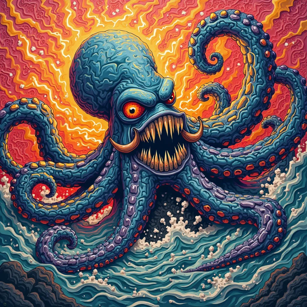 NFT 3D woodcut colorful wild octopus creepy full body 
 Angry giant shooting lightning through the mouth flashy