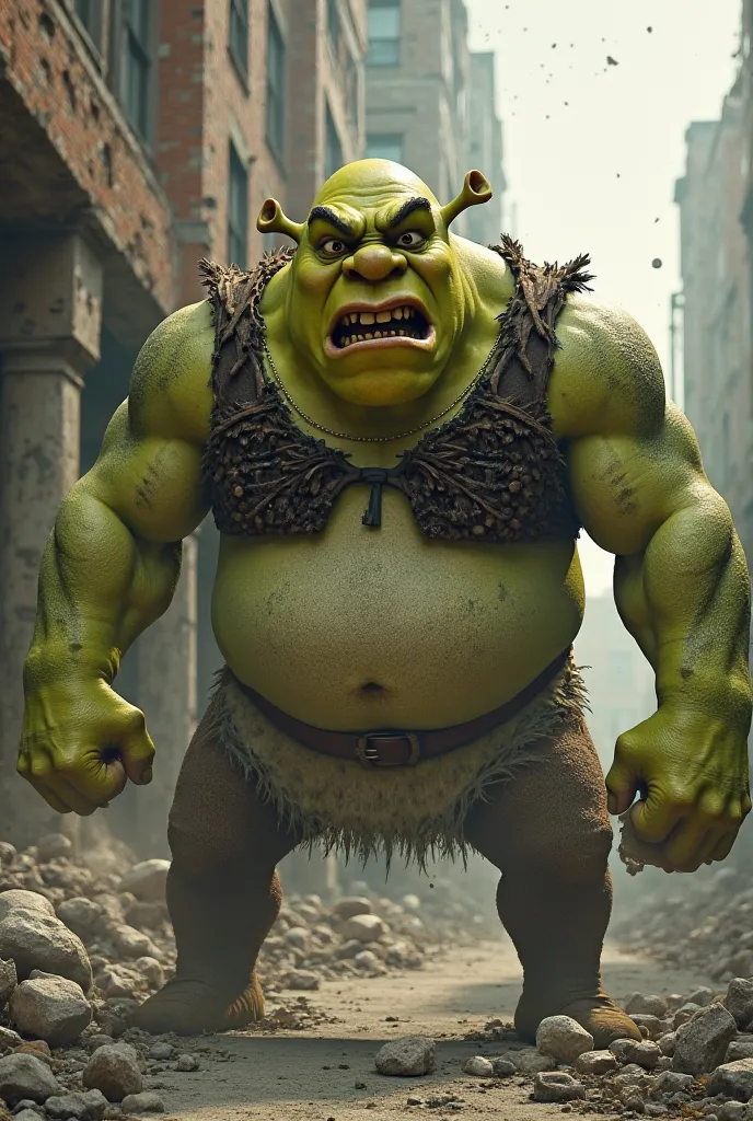 angry shrek standing next to a destroyed building dream works