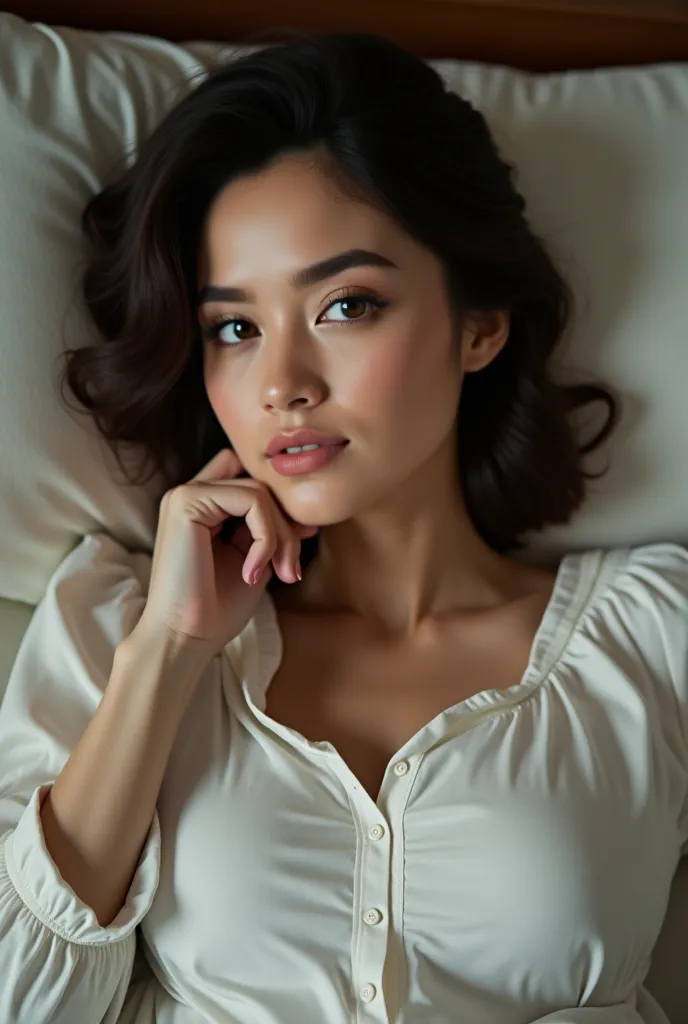 a photo of a white shoulder-length brunette woman in her 40s lying on a bed wearing a full breasted blouse 