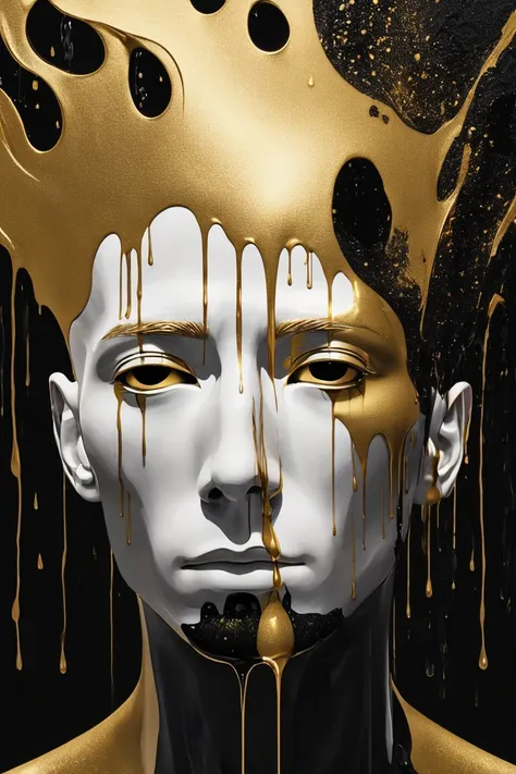 An abstract and enigmatic vision: the face of a man without hair or neck emerges from the dark void. Your skin is dissolving, dripping like hot wax. One half of the face is bathed in metallic and liquid gold, while the other half is a deep, dull black. Gol...