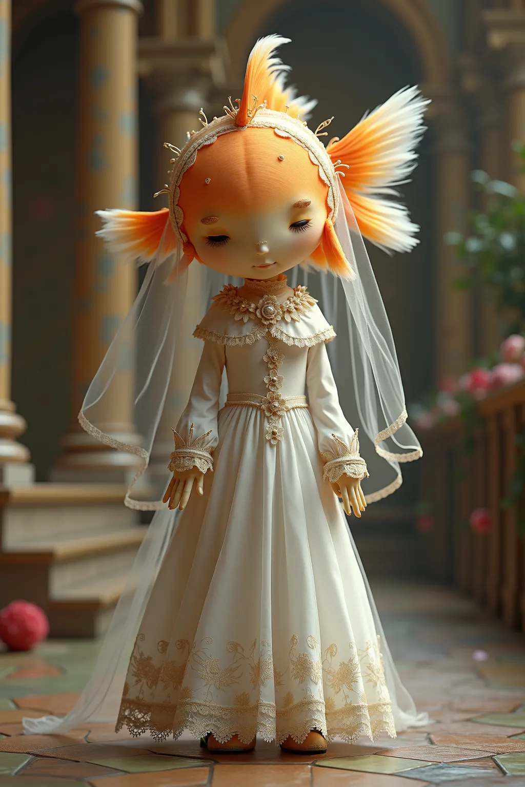 generate images of kawaii character of (goldfish head) zany scarecrow with a fantasy theme,(art by Giuseppe Arcimboldo),(fantastic atmosphere), (little smile), highly intricate gothic style white long dress with white veil, elegant, and visually striking, ...