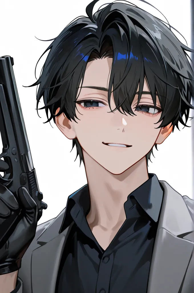 Handsome young man wearing black gloves,  holding a gun, Black Hair, black eye,  weapon, charming, Male in his 20s, adult, Solo, masterpiece, best quality, Detailed Eyes, cool, upstage,  ,  bangs,