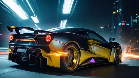 super high quality、Photorealistic、 Futuristic Background 、Feeling of speed with flowing background、Running in the dark、(stylish custom supercar:1.3)、bright colors、  angle from below 、(bottom rubbing and sparks scattering:1.3)、 cyberpunk worldview