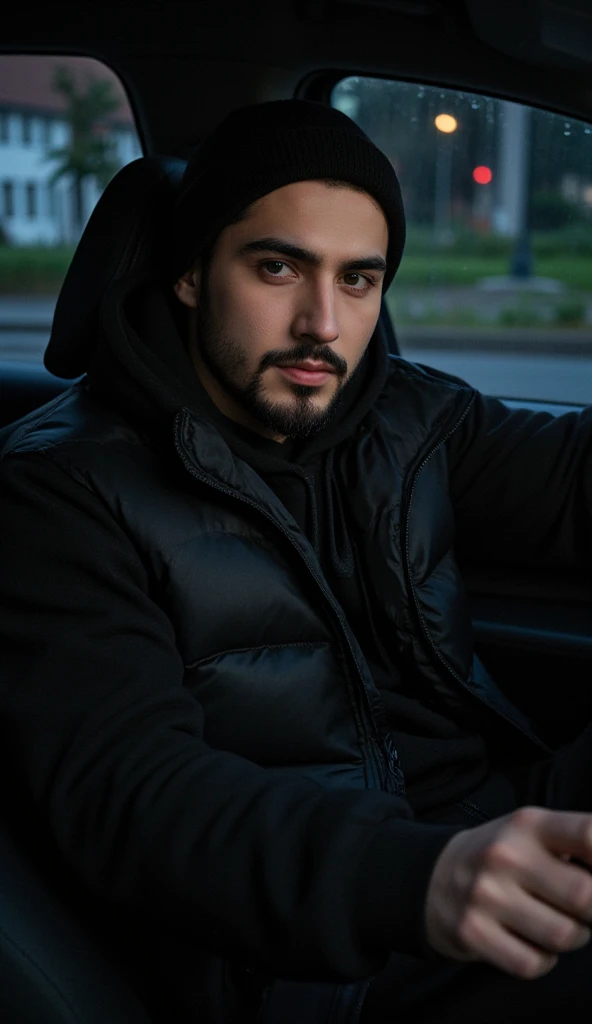 a handsome young turkish guy with muscle, dark very short hair fade  and goatee beard  he wearing a black oversize hoodie and a black loose joggingpants and a black beanie and a black puffervest. he is in a car with black seats he driving the car amateur p...