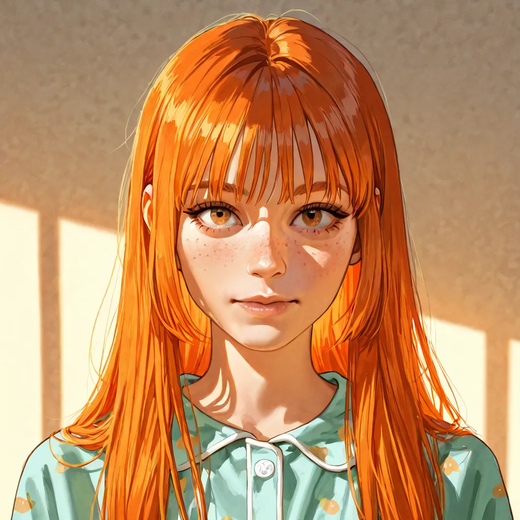 Adult woman, Sharp looks, long face Straight orange hair with bangs, Freckles on the face, With pajamas