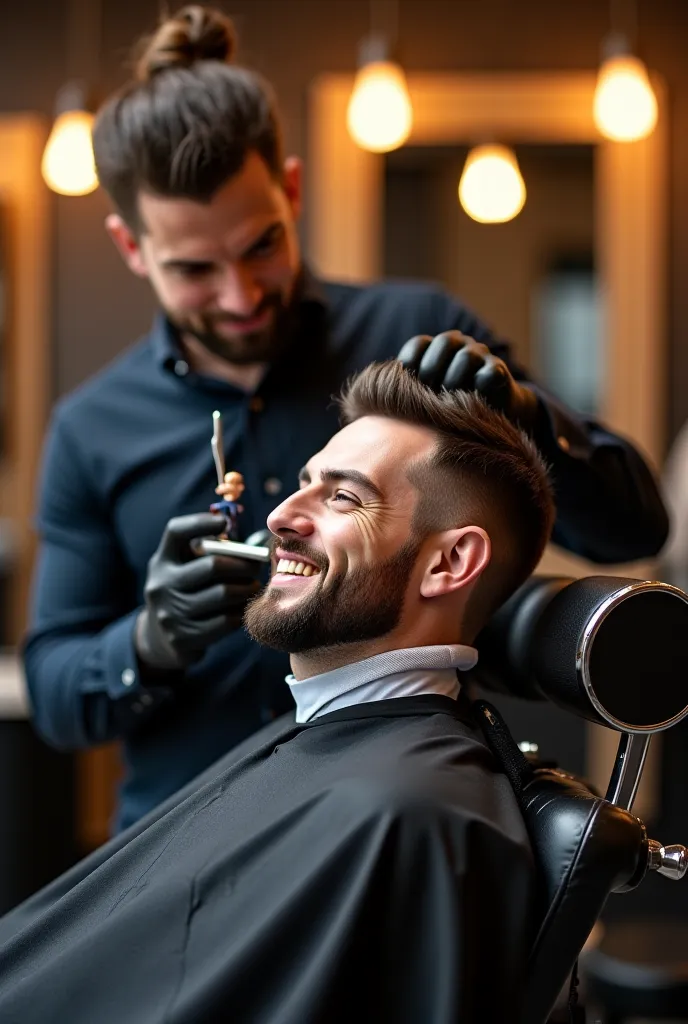 A tiny figure man sitting in a shave shack barber chair, getting a stylish haircut and beard trim from a skilled barber. The man looks relaxed and happy, enjoying the luxurious grooming experience. The background features a modern, well-lit barbershop with...