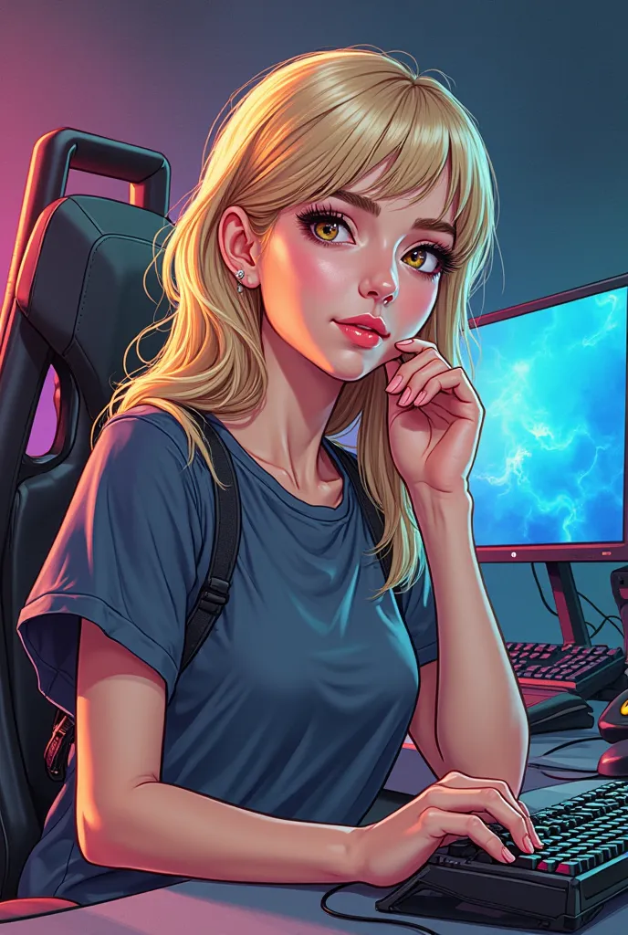 Create a girl with dyed blond hair, Brown Eyes, tez blanca. She is sitting in a gamer set up. comic panel, with a neutral appearance