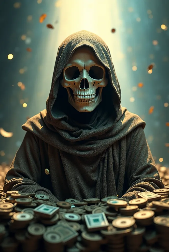 Skull with tunic and hood surrounded by money, The scene is illuminated by a soft and heavenly light, creating a dramatic and spiritual effect. The background can be abstract, with soft shades of blue and gold, transmitting peace and shade.