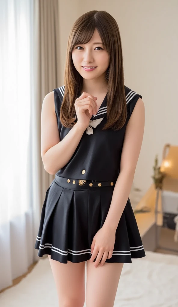  Silky Smooth Hair 、Two-tone color with blond and long black hair、 Super Long Hair 、hairstyle is straight、long hair that reaches the chest、black sailor suit、miniskirt、 Her Hair Is Bound Together at the Back 