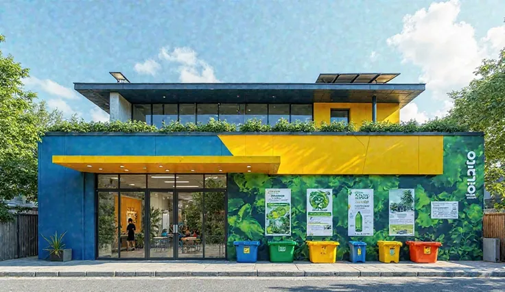 "A colorful and engaging recycling center facade designed for public education and environmental awareness. The building is painted in bright yellow and blue, representing the KOMADA brand, with green mural art depicting nature and recycling symbols. The f...