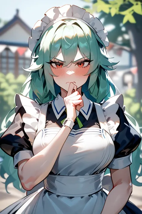  1 girl,  Sixteen Ya Sakuya , Touhou Project, unity, Maid 장식, Maid,  apron, Short sleeves,  dress,  keeps her mouth shut, 흰색  apron,  staring at the audience , Maid  apron, Puff sleeves, wrinkles, Puff sleeves, 검은색  dress, wrinkles 있는  apron,  bangs, Outdo...