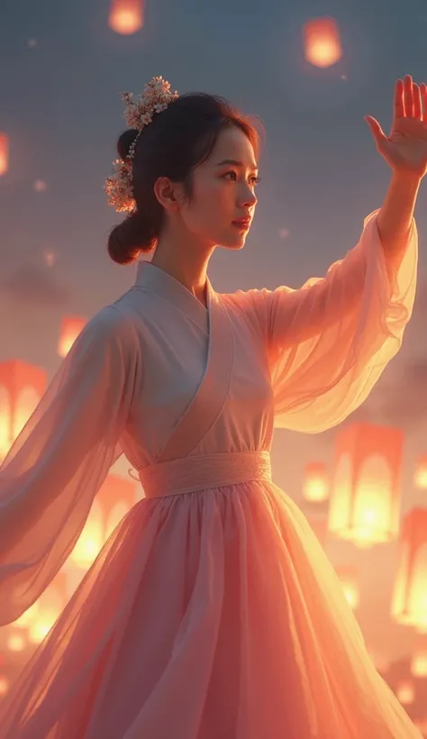 5️⃣ Scene 5: Rosé’s Angelic Moment
"Rosé in a flowing pastel peach and lilac hanbok, performing a gentle arm movement. Her expression is serene and focused. The background features floating paper lanterns, glowing softly in a deep twilight sky. A warm, gol...